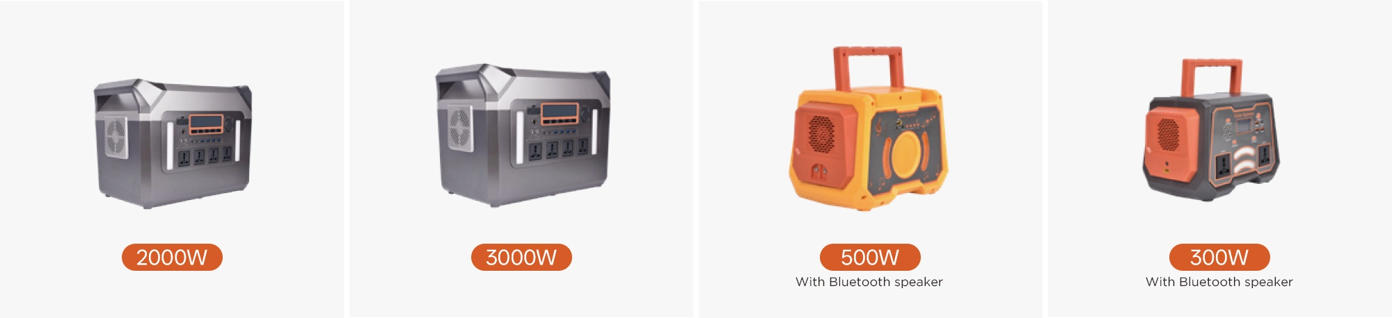 Double handles portable power station size comparison collage – 300W, 500W, 2000W, and 3000W models side by side showing capacity, size and portability differences for various power needs from hiking to home backup